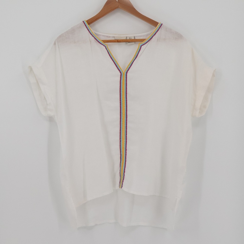 Rachel Zoe Linen Top Womens White Embroidered Rainbow Resort Vacation‎ Size L